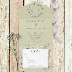 Sage Green Vintage Wildflower Romantic Dinner All In One Invitation