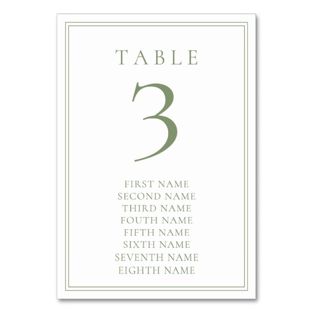 Sage Green Warm Modern Minimalist Wedding Names Table Number (Front)