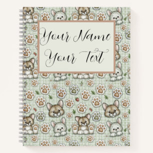 Sage Green Warm Taupe Custom Name  Gingham Paw Notebook