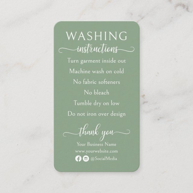 Sage Green Washing Instructions Clothing Care Business Card (Front)