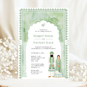 Sage Green Watercolor Arch Frame Sikh Wedding Invitation