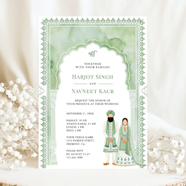 Sage Green Watercolor Arch Frame Sikh Wedding Invitation (Creator Uploaded)