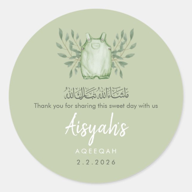 Sage Green Watercolor Baby Boy Aqeeqah Classic Round Sticker (Front)