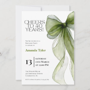 Sage Green Watercolor Bow 40th Birthday Invitation