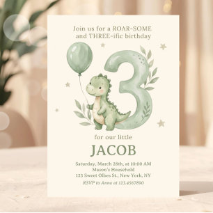Sage Green Watercolor Dino 3rd Birthday  Invitation