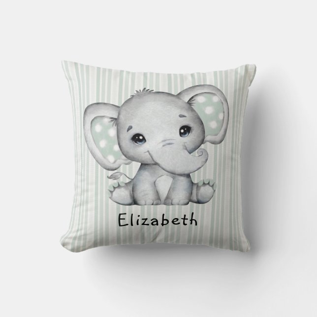 Sage Green Watercolor Elephant Neutral Baby Shower Cushion (Front)