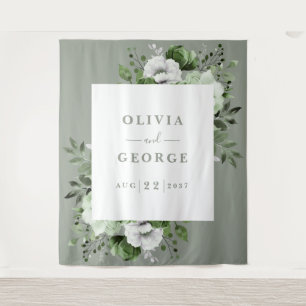 Sage Green Watercolor Floral Photo Booth Backdrop Tapestry