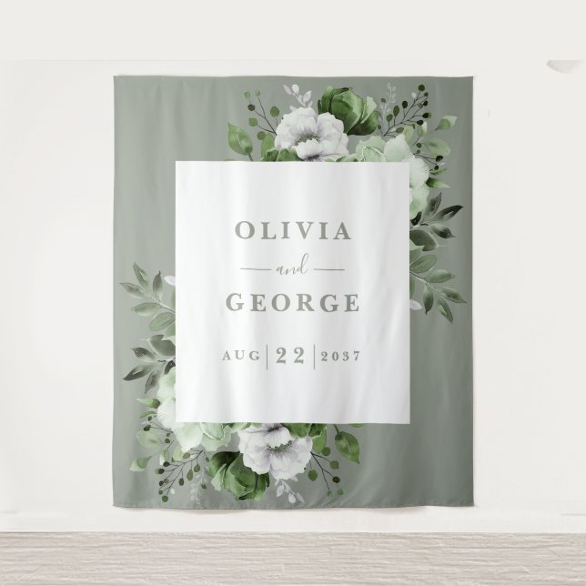 Sage Green Watercolor Floral Photo Booth Backdrop Tapestry (Front)
