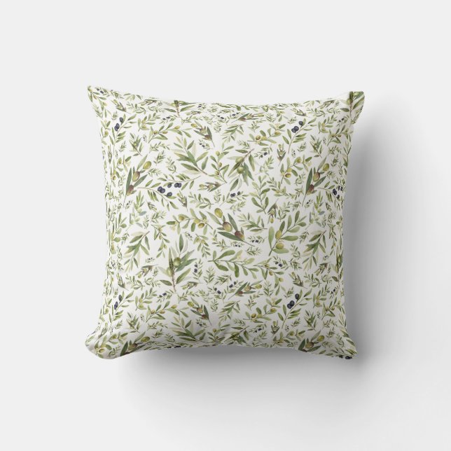 Sage Green Watercolor French Country Chic Olives Cushion (Front)