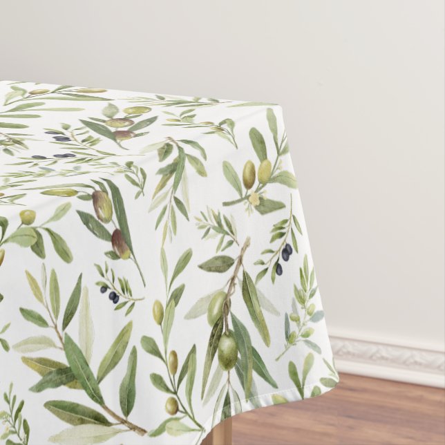 Sage Green Watercolor French Country Chic Olives Tablecloth (In Situ)