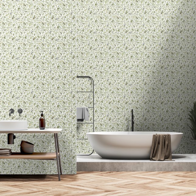 Sage Green Watercolor French Country Chic Olives Wallpaper (Bathroom)