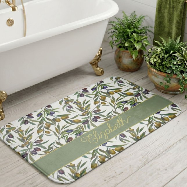 Sage Green Watercolor French Country Olive Pattern Bath Mat (Creator Uploaded)