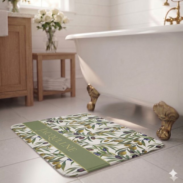 Sage Green Watercolor French Country Olive Pattern Bath Mat (Creator Uploaded)