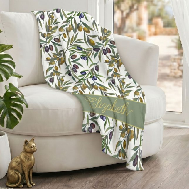 Sage Green Watercolor French Country Olive Pattern Fleece Blanket (Creator Uploaded)