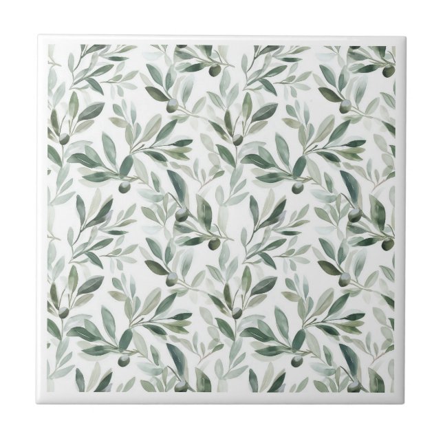 Sage Green Watercolor French Country Olive Pattern Tile (Front)
