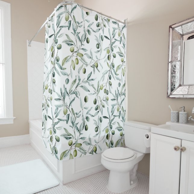 Sage Green Watercolor French Country Olive  Shower Curtain (In Situ)