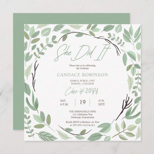 Sage Green Watercolor Leaf Frame Graduation Party Invitation (Front/Back)