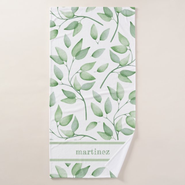 Sage Green Watercolor Leaves and Name Bath Towel (Bath Towel)