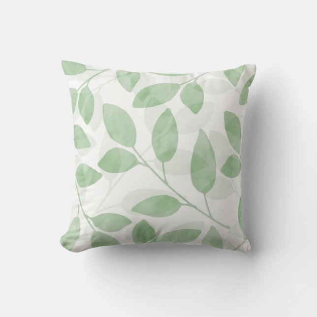 Sage Green Watercolor Leaves Cushion (Front)