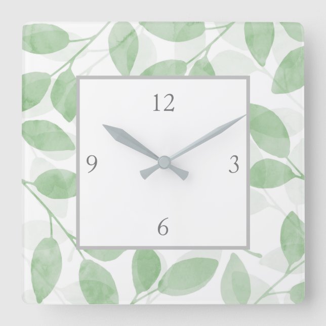 Sage Green Watercolor Leaves Square Wall Clock (Front)