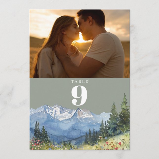 Sage Green Watercolor Mountain Photo Table Number (Front)