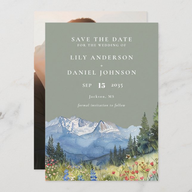 Sage Green Watercolor Mountain Photo Wedding Save The Date (Front/Back)