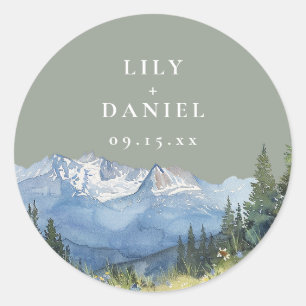 Sage Green Watercolor Mountain Wildflower Wedding Classic Round Sticker
