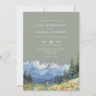 Sage Green Watercolor Mountain Wildflower Wedding Invitation