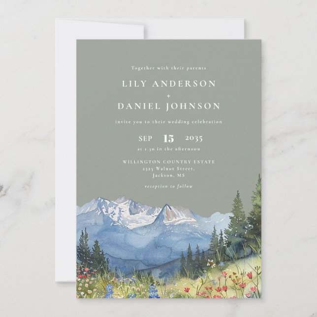 Sage Green Watercolor Mountain Wildflower Wedding Invitation (Front)