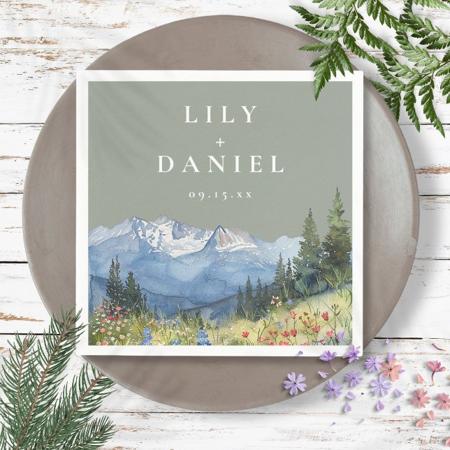 Sage Green Watercolor Mountain Wildflower Wedding Napkin (Sage Green Watercolor Mountain Wildflower Wedding Napkins)