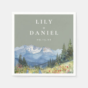 Sage Green Watercolor Mountain Wildflower Wedding Napkin