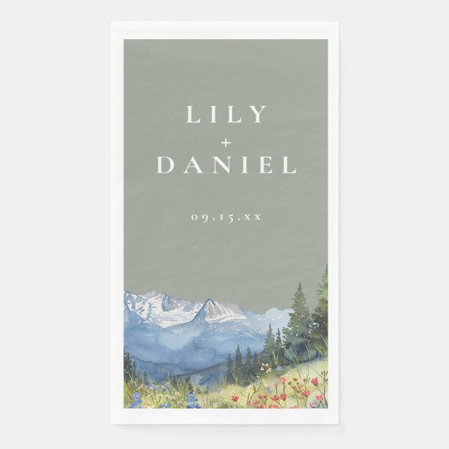 Sage Green Watercolor Mountain Wildflower Wedding Napkin (Front)