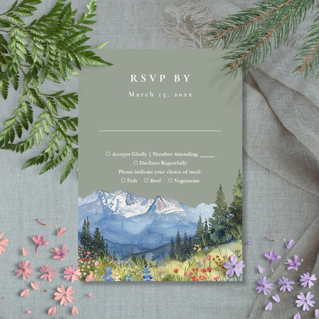 Sage Green Watercolor Mountain Wildflower Wedding RSVP Card (Sage Green Watercolor Mountain Wildflower Wedding RSVP Card)