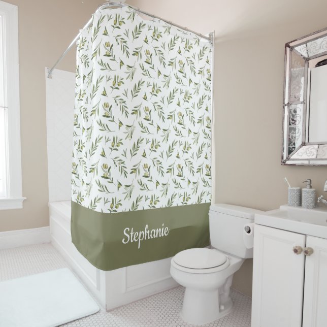 Sage Green Watercolor Olive Monogram Name Shower Curtain (In Situ)