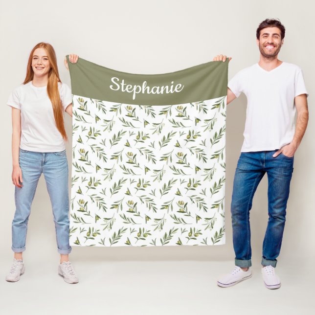 Sage Green Watercolor Olive Name Fleece Blanket (In Situ)