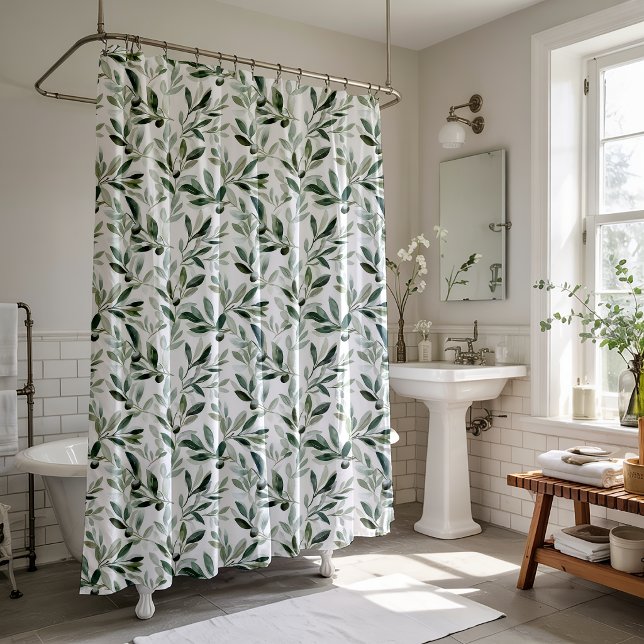 Sage Green Watercolor Olive Pattern Shower Curtain (Creator Uploaded)
