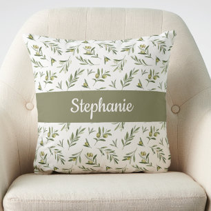 Sage Green Watercolor Olives Monogram Name Cushion