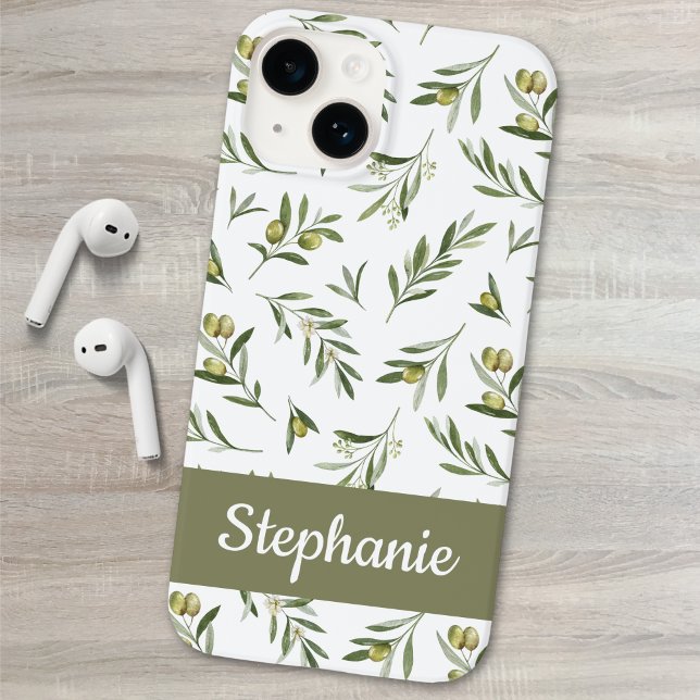 Sage Green Watercolor Olives Name Case-Mate iPhone Case (Creator Uploaded)