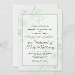Sage Green Watercolor Peonies Catholic Wedding Invitation