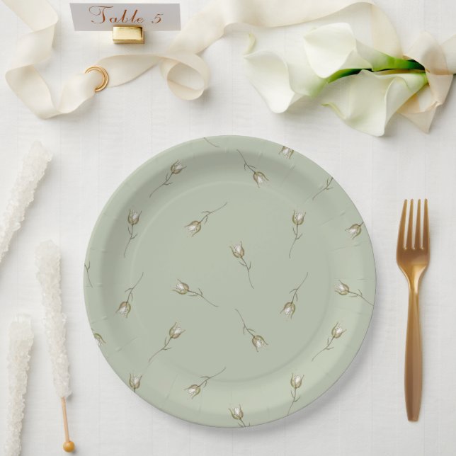 Sage Green Watercolor Rose Bud Paper Plate (Wedding)