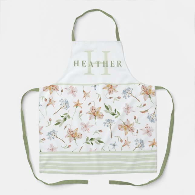 Sage Green Watercolor Spring Floral Monogrammed Apron (Front)