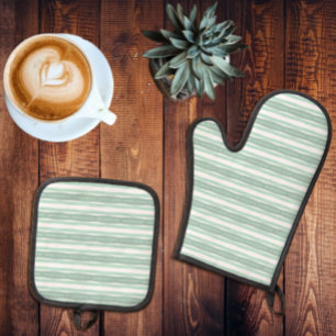 Sage Green Watercolor Stripes Oven Mitt & Pot Holder Set