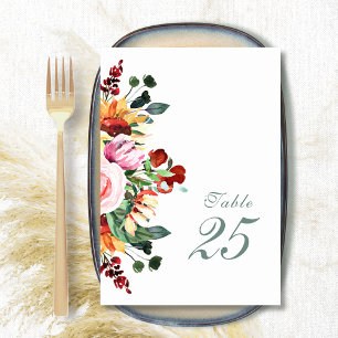 Sage Green Watercolor Sunflower Burgundy Wedding Table Number