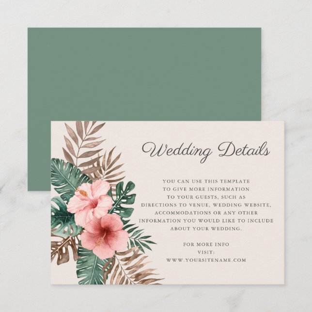 Sage Green Watercolor Tropical Wedding Details Enclosure Card (Front/Back)