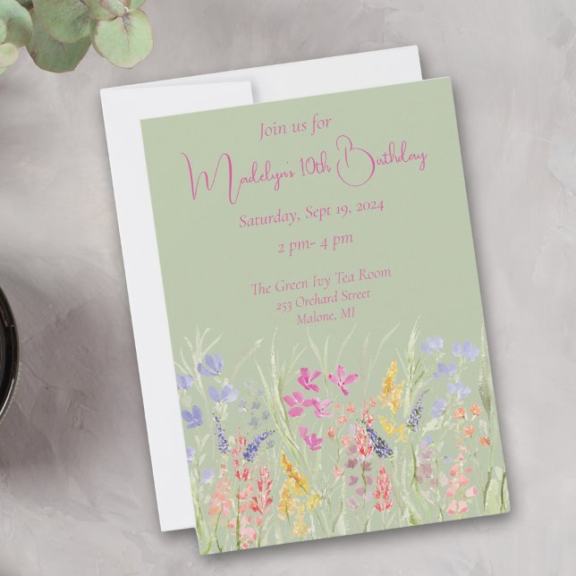 Sage Green Watercolor Wildflower Birthday  Invitation (Creator Uploaded)