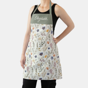 Sage Green Watercolor Wildflower Custom Name Apron