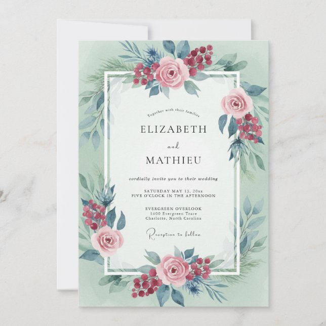 Sage Green Watercolor Winter Wedding Invitation (Front)