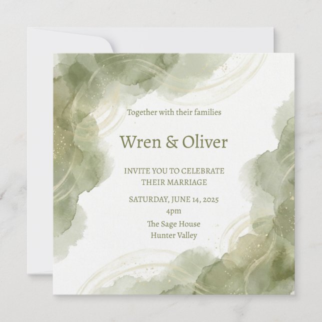 Sage Green Watercolour Marble Ink Wedding Invitati Invitation (Front)