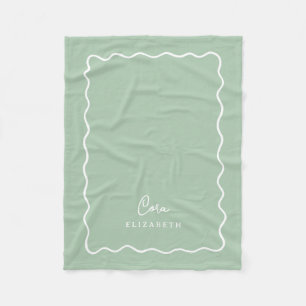 Sage Green Wavy Border Monogrammed Fleece Blanket