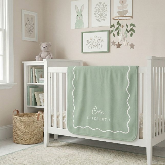 Sage Green Wavy Border Monogrammed Sherpa Blanket (Creator Uploaded)